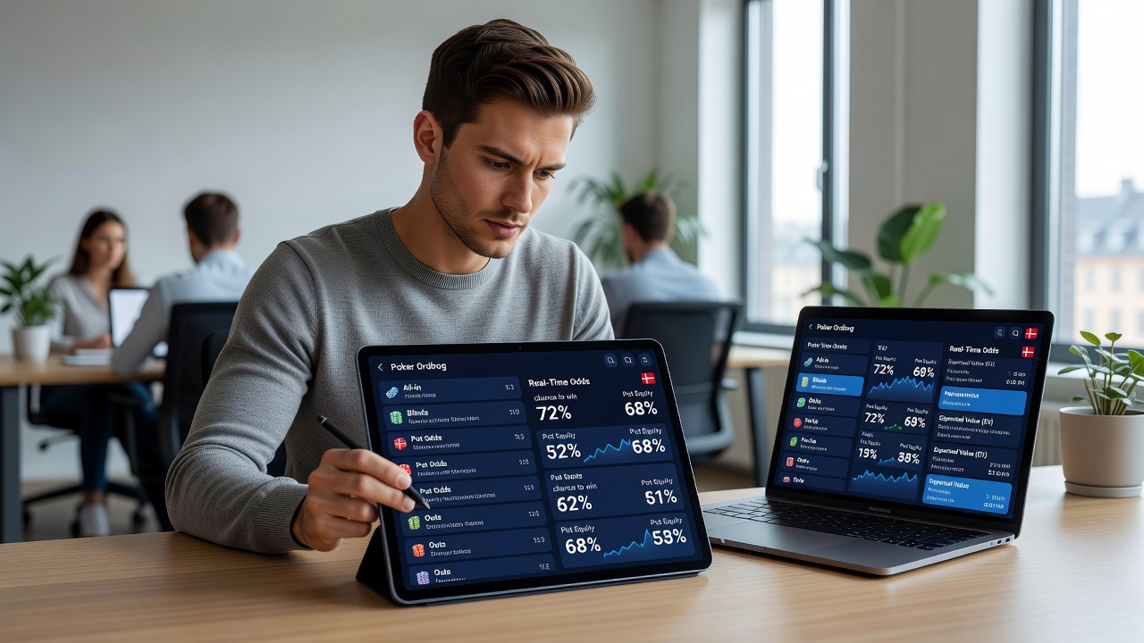 Skærmbillede fra en dansk poker app der kombinerer ordliste og realtidsodds under en turnering